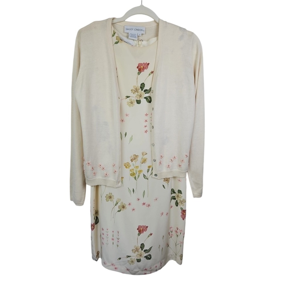 Maggy London 100% Silk Sleeveless Dress Embroidered Sweater Size 8 Ivory Floral‎